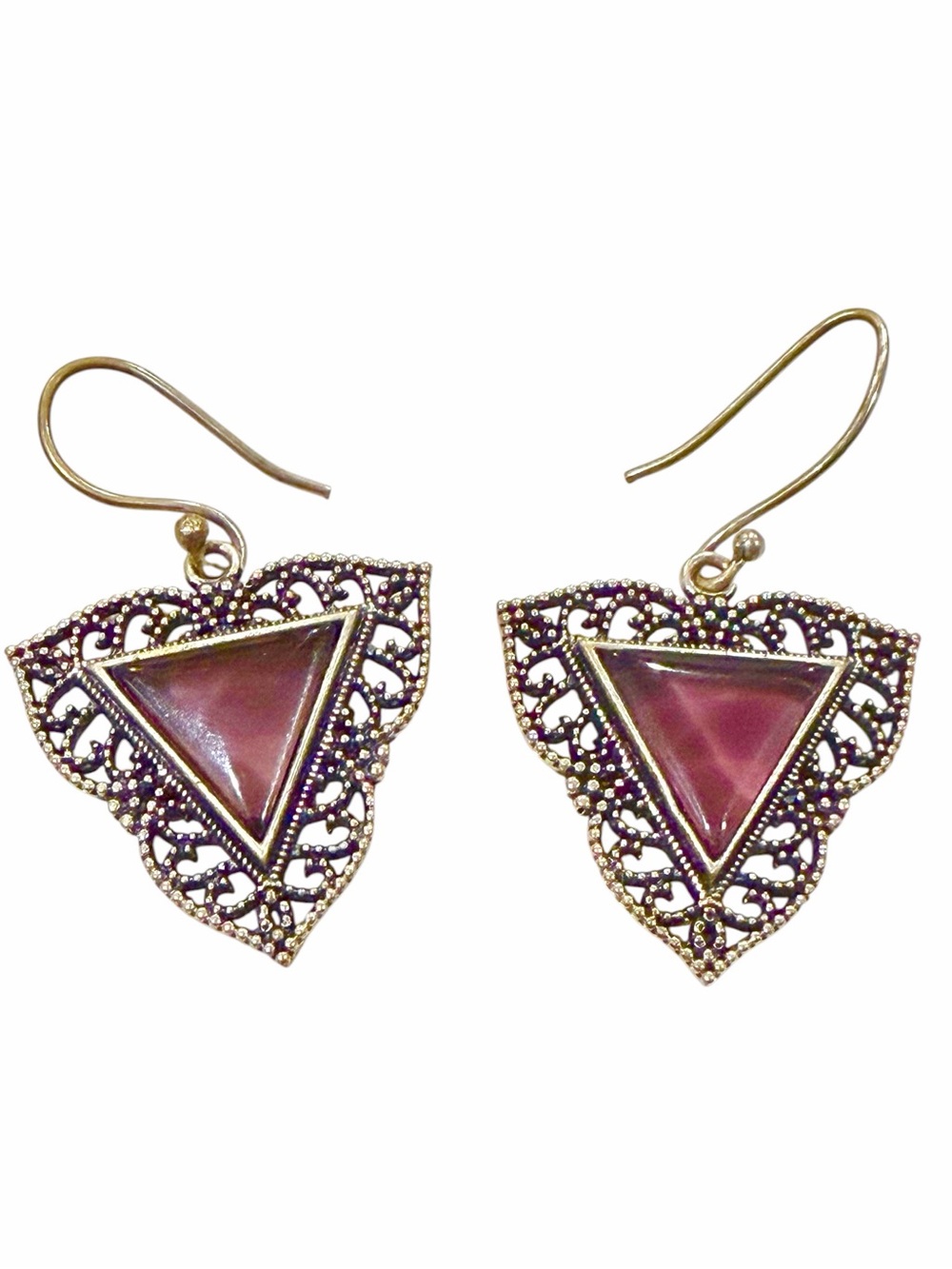 Vintage Artisan 925 Sterling Silver Amethyst Triangle Filigree Dangle Earrings